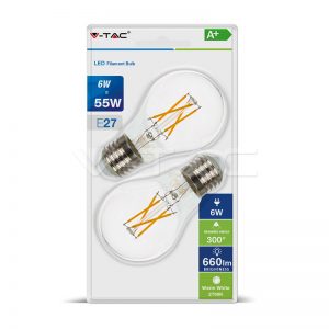LED Bulb 6W Filament E27 A60 Clear Cover Warm White 2pcs/Blister