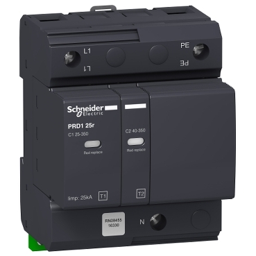 PRD1 25r: izvlacivi odvodnik prenapona, 1P+N, Iimp=25kA L/PE (10/350µs), In=25kA, Imax=40kA (8/20µs), sa pomocnim kontaktima za signalizaciju, tip 1+ 2, za TT i TN-S sistem