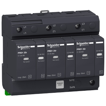 PRD1 25r: izvlacivi odvodnik prenapona, 3P, Iimp=25kA (10/350µs), In=25kA, Imax=40kA (8/20µs), sa pomocnim kontaktima za signalizaciju, tip 1+ 2, za TNC sistem