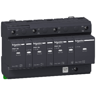 PRD1 25r: izvlacivi odvodnik prenapona, 3P+N, Iimp=25kA L/N, 100kA N/PE (10/350µs), In=25kA, Imax=40kA (8/20µs), sa pomocnim kontaktima za signalizaciju, tip 1+ 2, za TT i TN-S sistem