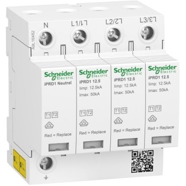 iPRD1 12.5r: izvlačivi odvodnik prenapona, 3P+N, Iimp=12.5kA L/N, 50kA N/PE (10/350µs), In=20kA, Imax=50kA (8/20µs), sa pomocnim kontaktom za signalizaciju, tip 1+ 2, za TT i TN-S sistem