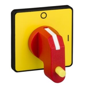 Rucica grebenaste preklopke sa plocicom "0-1" 90°, crvena, 45x45mm, mogucnost zakljucavanja, motaza na vrata ormana