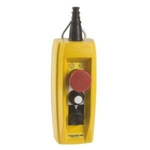 Harmony XACB: Viseća kombinacija za dvobrzinske motore, direktna komanda 2,2kW/400V AC, armirani poliester, žuta, dva 2P tastera, mehanička blokada, stop taster 3NC pečurka Ø40, zaštitni uvodnik Ø10...22mm, IP65
