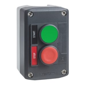 Harmony XALD: kontrolna stanica, kućište polikarbonat, tamno sivo/svetlo sivo, dva tastera sa povratkom, okrugli, ravni, zeleni 1NO + crveni 1NC, legenda sa strane START + STOP, IP 66