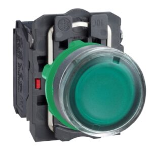 Harmony 5: Taster svetleci fi 22 sa integrisanim transformatorom 230/6V, plasticni, okrugli, sa Ba9s sijalicom, sa povratkom, ravan, zeleni, 1NO+1NC, IP 66