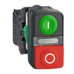Harmony 5: Taster sa povratkom fi 22, plastični, pravougaoni, dvostruki, ravan zeleni bela uspravna linija 1NO + ispupčen crveni belo slovo O 1NC + lampica LED 230...240V AC, IP 66