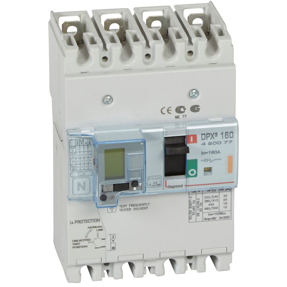 DPX3: kompakt prekidac 160A, 4P, F, FC, In=160A, Un=380/415V (Icu=25kA, Ics=100%Icu), termomagnetna zastitna jedinica (In=160A, Ir=0.8-1In, Im=10In), sa modulom diferencijalne zastite sa LCD (podešavanje osetljivosti: 0.03-0.3-1-3–3A, podešavanje vremena kašnjenja: 0-0.3-1-3s)